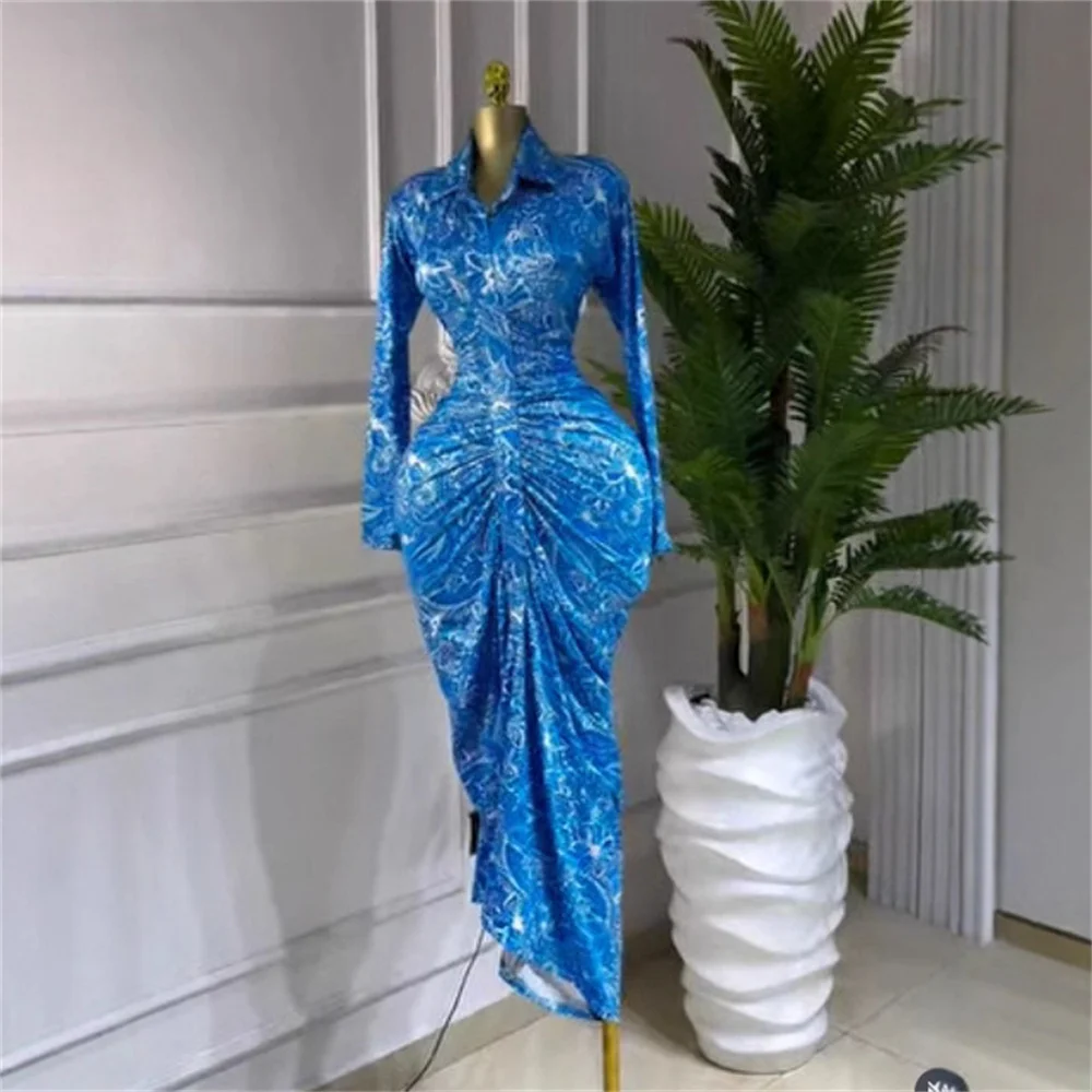 Frauen Sexy Langarm Drehen-unten Kragen Blau Floral Gedruckt Maxi Kleid 2025, Straße Geburtstag Abend Party Kleid Club vestidos