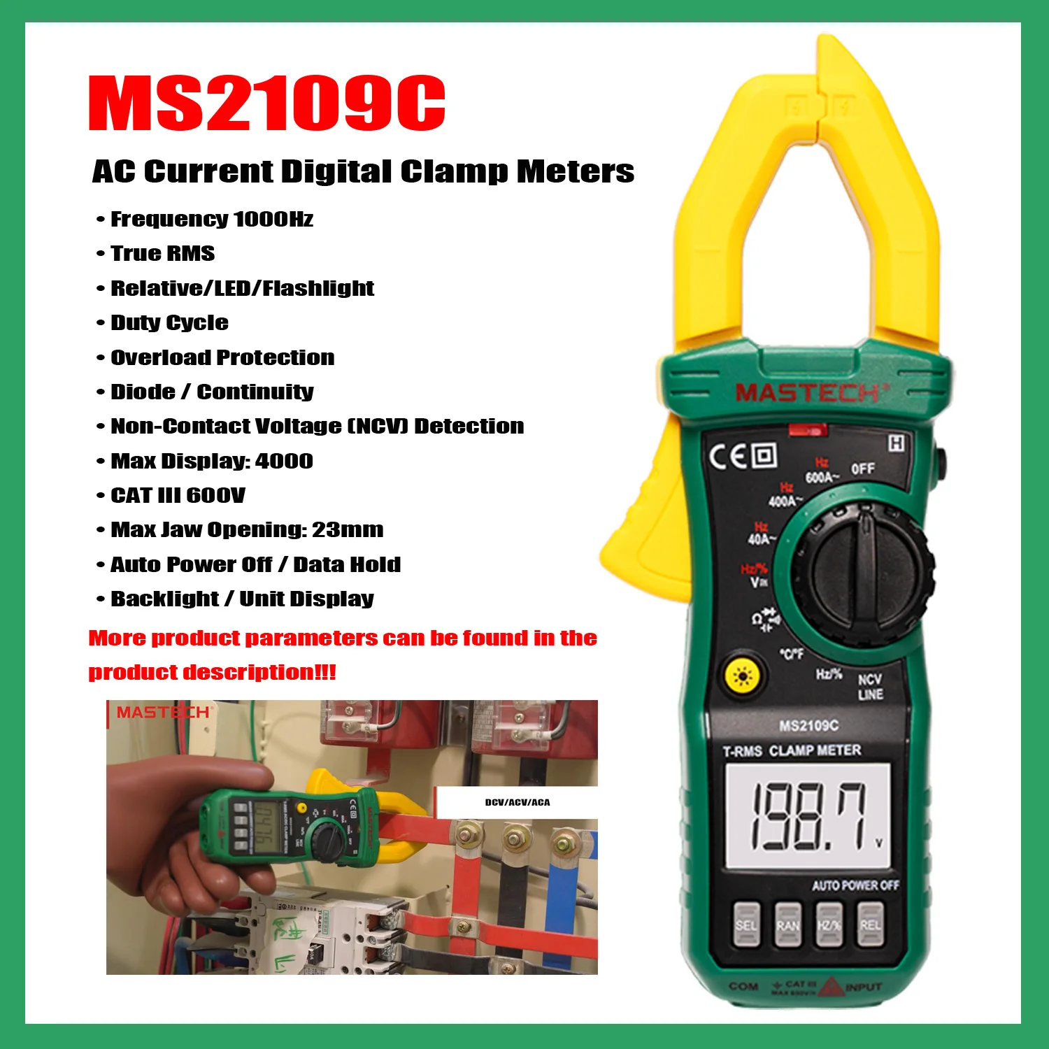Imagem -02 - Mastech-digital Clamp Meter Multímetro dc e ac Corrente Amperímetro Tester Tensão hz Capacitância Ncv Teste de Ohm Ms2109b Ms2109c Ms2109d