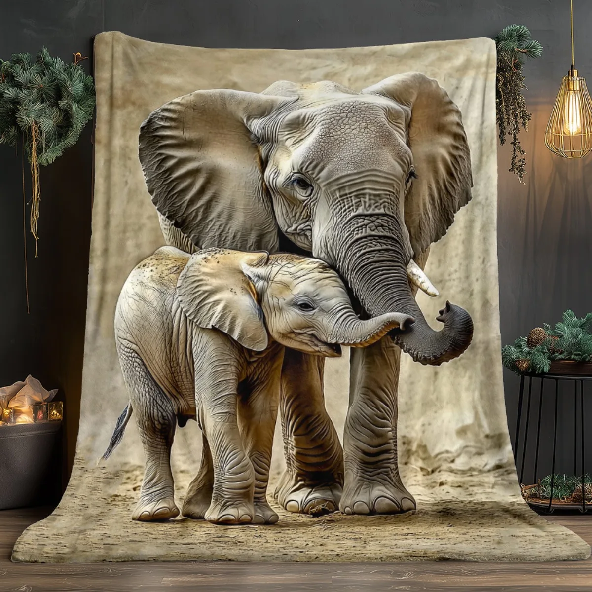 Warm Tone Mother Baby Elephant Realistic Print Flannel Throw Blanket,Soft Warm Sofa Cover,Animal Gift For Bedroom Daily Rest Use