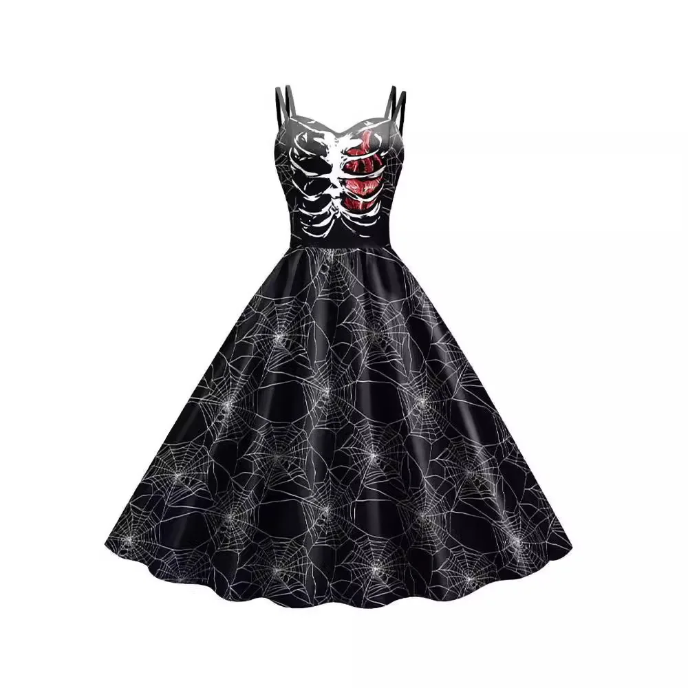 Halloween Digital Printing Women Dress for Party Costumes Sleeveless Vintage Dresses Skull Witch Scary Clothes Day of The Dead