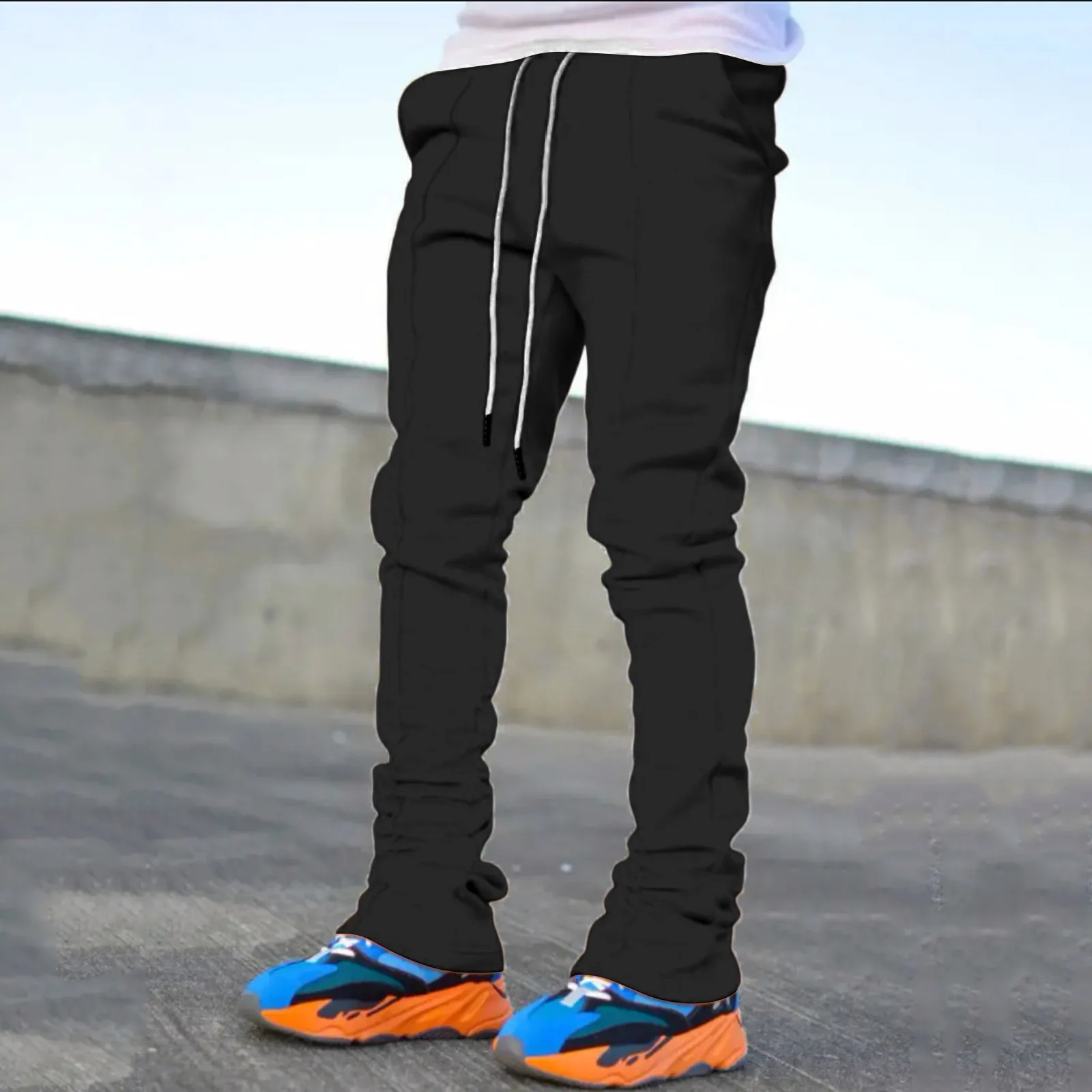 Sports Mens Pants Casual Four Season Long Flared Trousers Slim Fit Tie Elastic Waist Solid Color Male Trousers Pantalon Homme