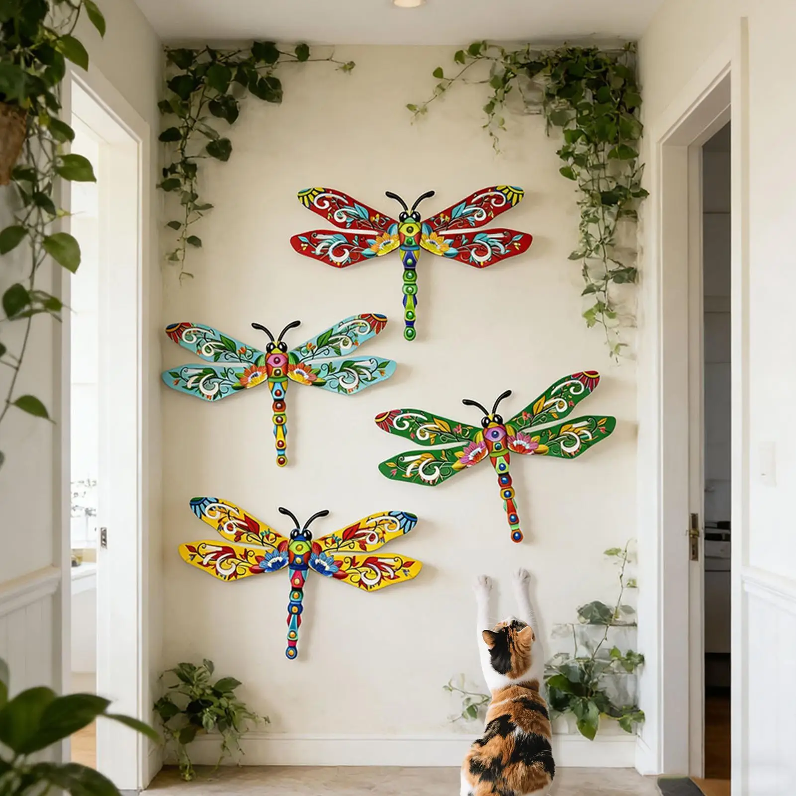 Metal Dragonfly Wall Decor Rustproof Color Painted Garden Statue Outdoor Metal Art Craft for Yard Courtyard Decoration Gift