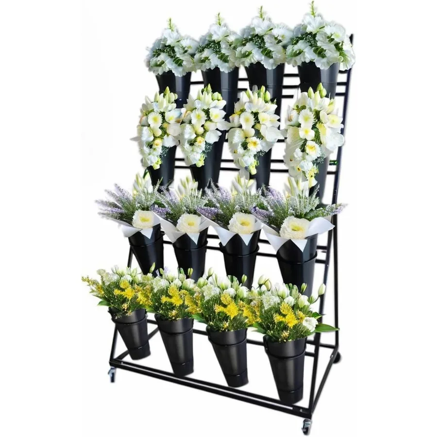 حامل عرض لعربة الزهور مكون من 4 طبقات مع عجلات و16 دلاء مستديرة لسوق المزارعين وعرض النباتات الخارجية والمقهى والحديقة ديكو