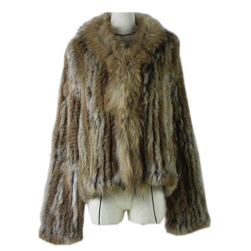 2024 New Rabbit  Fur Genuine Knitted coat for Women  Raccoon Fur collar  Jacket Trench Outwear fashion street party Jacket