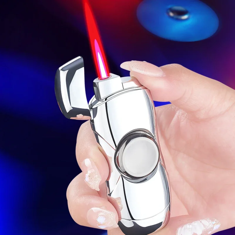Funny Fidget Spinner Metal Lighter Windproof Red Flame Inflatable Lighter Pressure Reducing Gyroscope Cigar Lighter Gift for Men