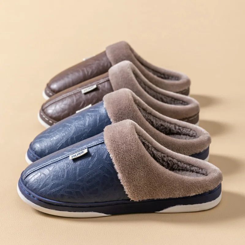 Winter Men's PU Leather House Slippers, Plush Fleece Lined for Warmth, Non-Slip Sole, Soft Indoor Closed-Toe Slippers for Home