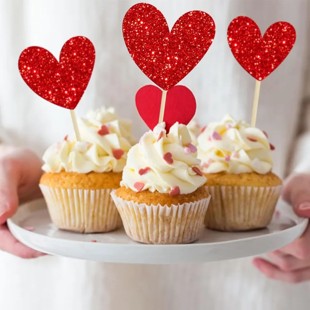 24 Stück rote glitzernde Herz-Cupcake-Topper, Valentinstag und Hochzeit, Verlobung, Geburtstag, Party-Dekoration – Detail 7