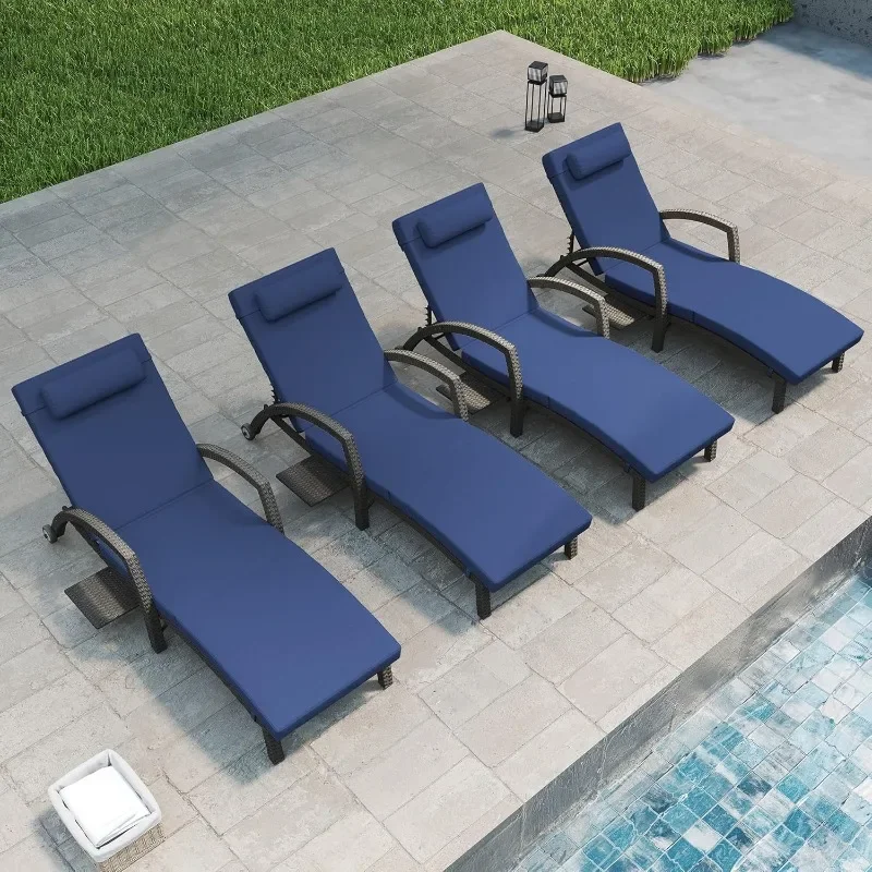Outdoor Chaise Lounge Chairs Set of 4, 5 Position Adjustable Wicker Patio Pool Lounge Chair with Cushion, Pillow, Side Tray