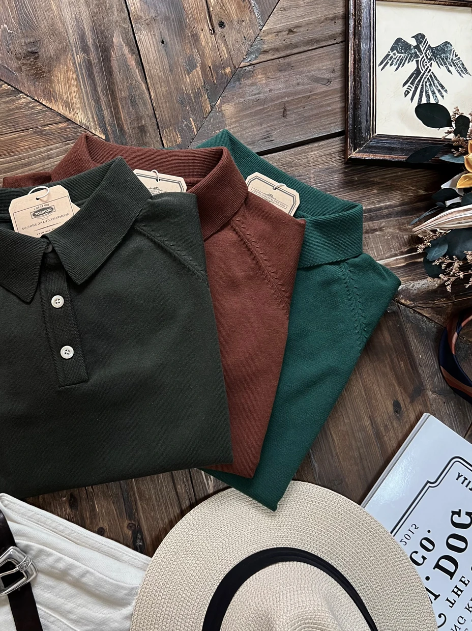 

Итальянская футболка из чистого хлопка с высокой степенью скручивания, вязаная, в американском ретро-стиле, с отложным воротником, коротким рукавом, летняя.