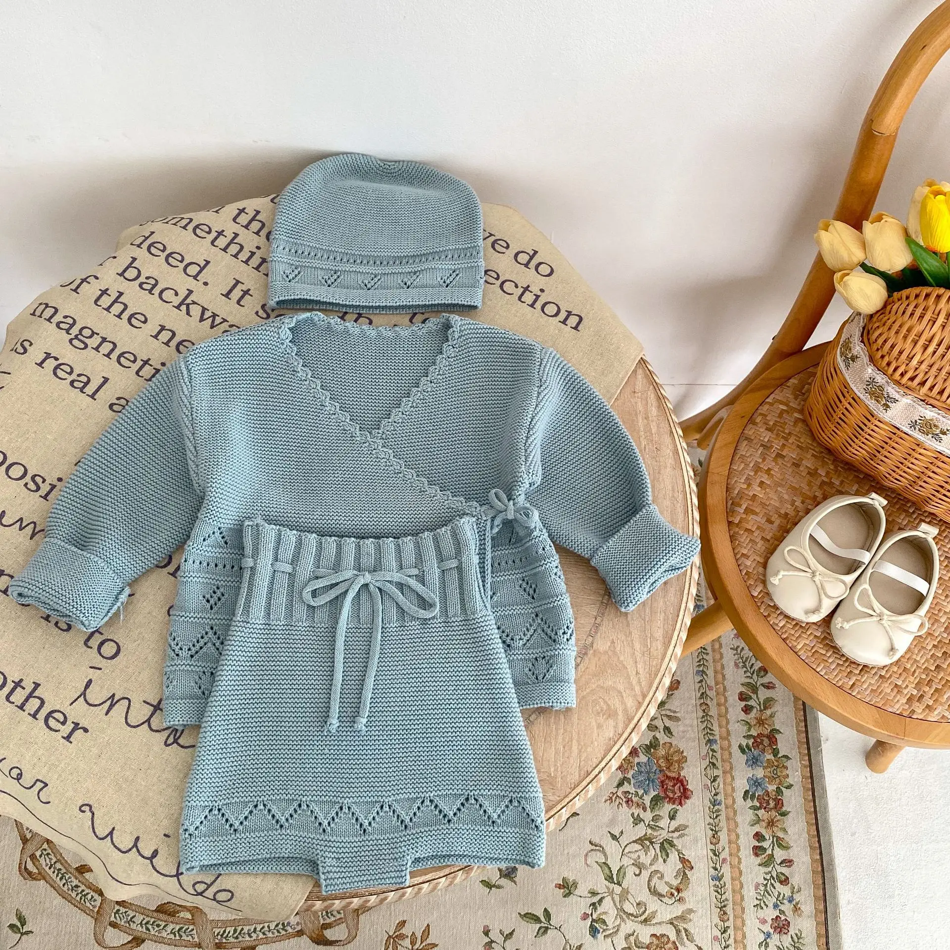 2024 Spring Autumn Baby Girls 3PCS Clothes Set Cotton Knitted Long Sleeve Coat Lace-up Shorts Hat Suit Toddler Girls Outfits