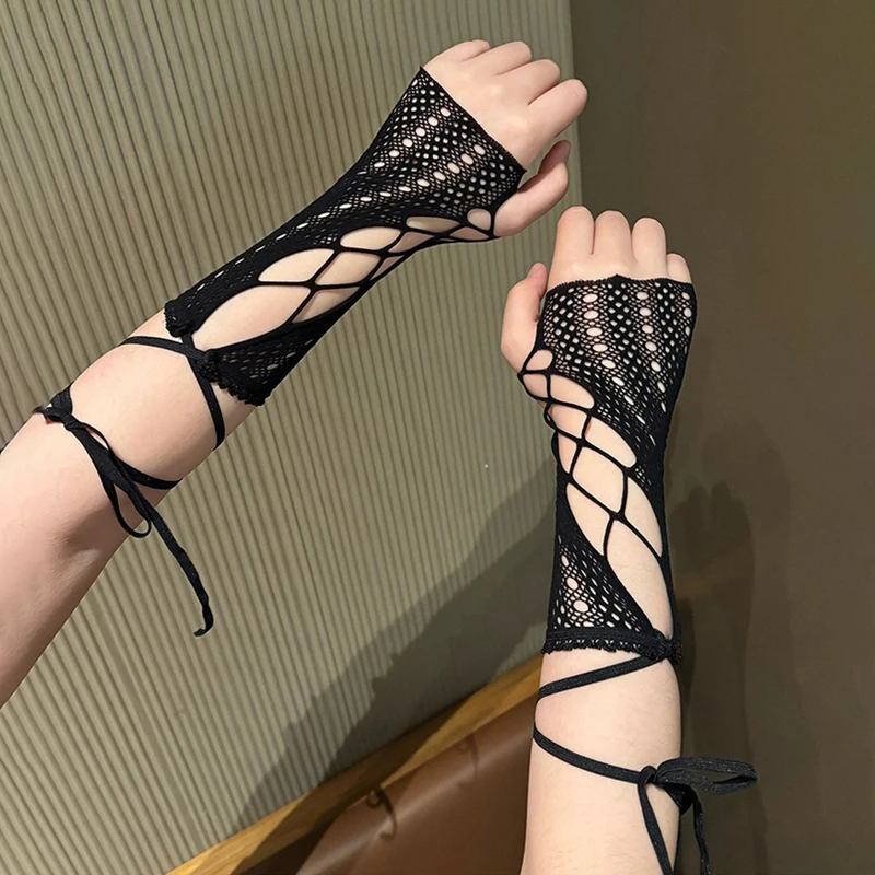 Maniche a mano a rete tinta unita incrociate elastiche Ragazze fai da te Guanti sottili sexy con dita esposte Accessori di abbigliamento Lolita