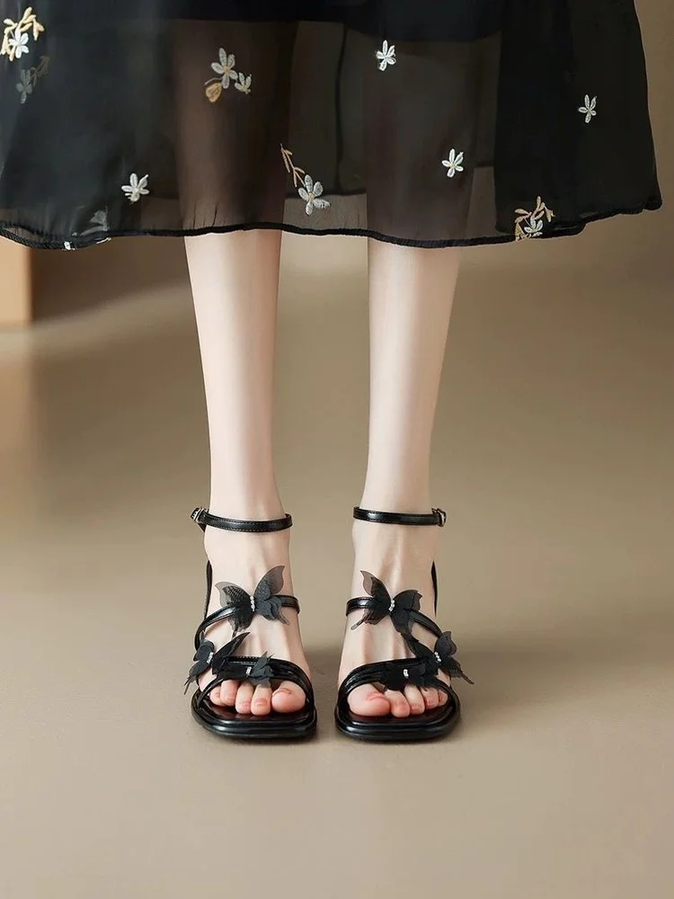 Sandalias de Mujer Estilo Hada con Mariposas, Novedad de Verano, Sandalias de Tacón Cuadrado con Correa al Tobillo, Zapatos Versátiles de Suela Suave y Cómodos