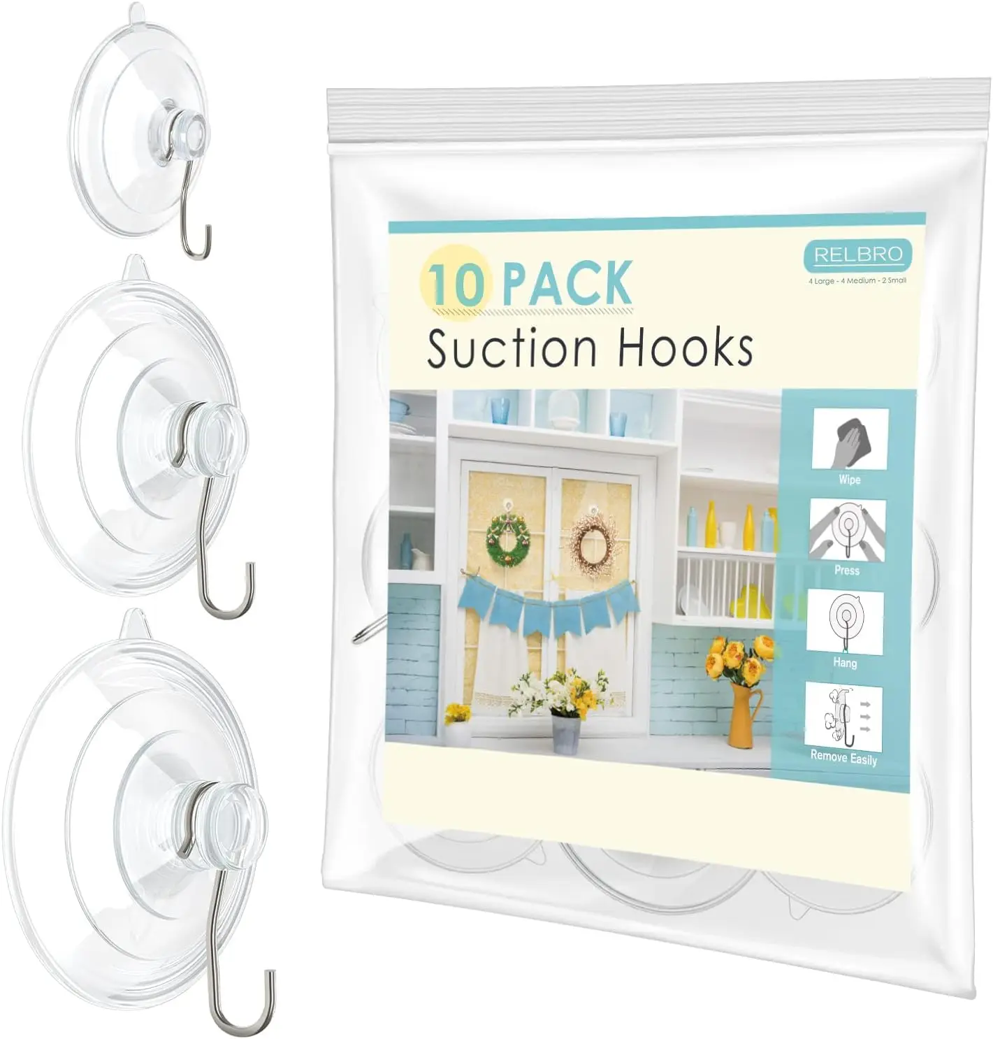 

Suction Cup Hooks, 10 Pcs with 3 Sizes for Heavy Duty Hanging on Smooth Surfaces