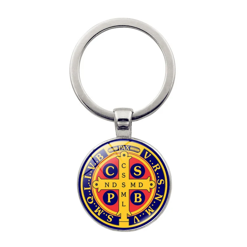 Saint Benedict Medals Key Chain Glass Gem Car Bag Decoration Pendant for Men's and Women's Amulet Keyring Hanging Jewelry