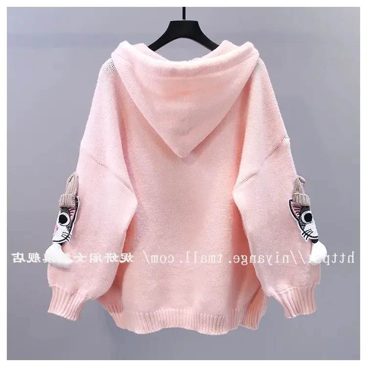 Hsa Women Winter Cat Hooded Sweater and Jumpers 3D Patchwork Knitted Pull