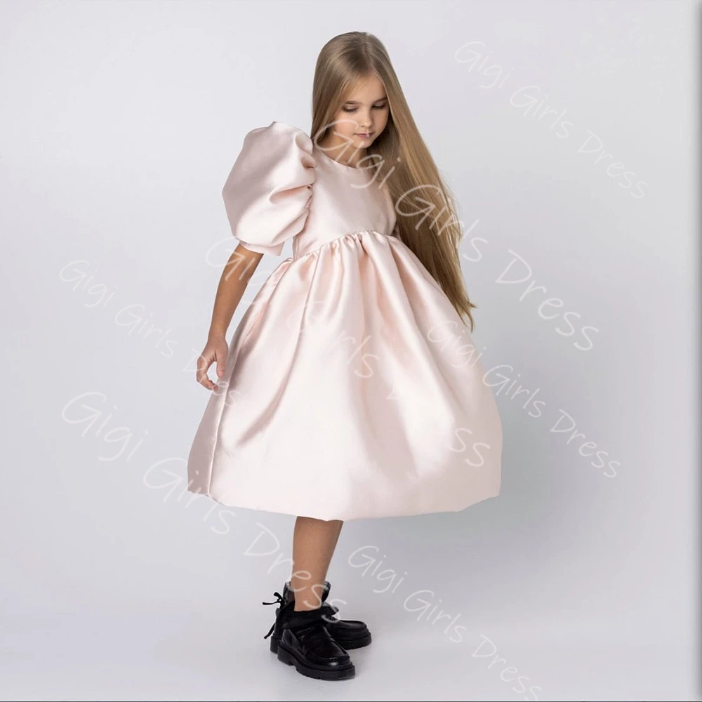 

Платье принцессы для девочек по индивидуальному заказу, с высокой талией и воздушными рукавами, платье с цветочным узором для девочек, атласное бальное платье длиной до чая для свадьбы, дня рождения