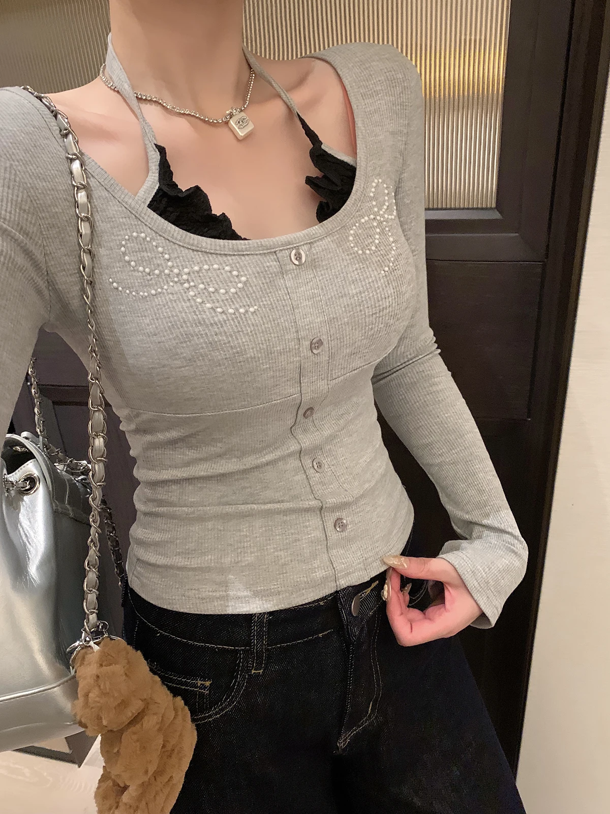 

ay Lace Splice Slim Fit Long Sve Fake Two-Piece Ne Hanging T-irt for Women U-Ne Knot Sle Casual Winter