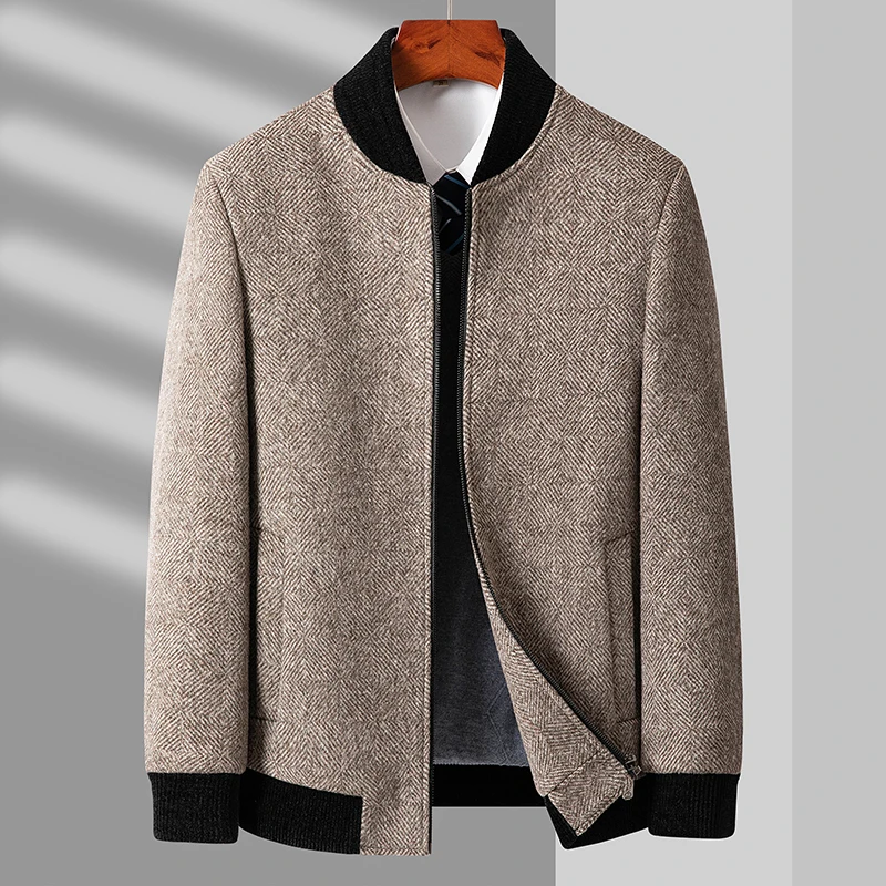 2024 Winter Autumn Men Tweed Jackets Khaki Gray Sheep Wool Blend Coat Ribbed Cuffs and Hem Design Outfits England Style Attite