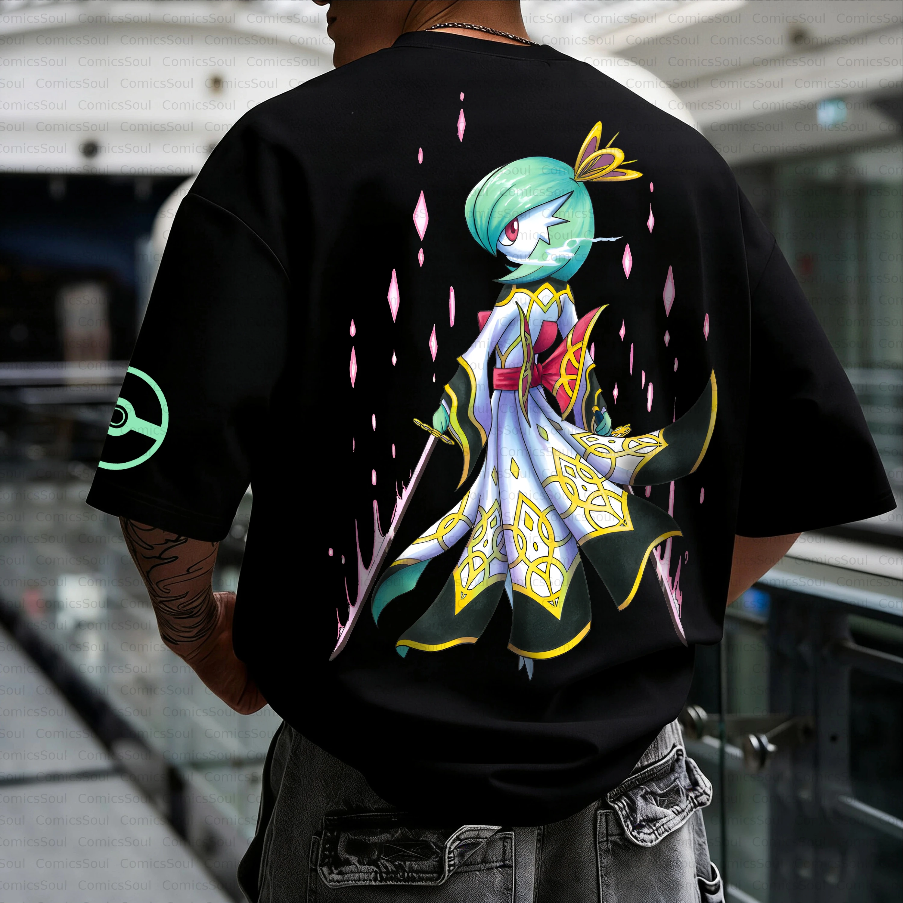 

2026 Summer New Pokemon Cotton T Shirt Gardevoir Back Print Pink Crystal And Ribbon Effects Loose Fit Men Women Casual Fashion