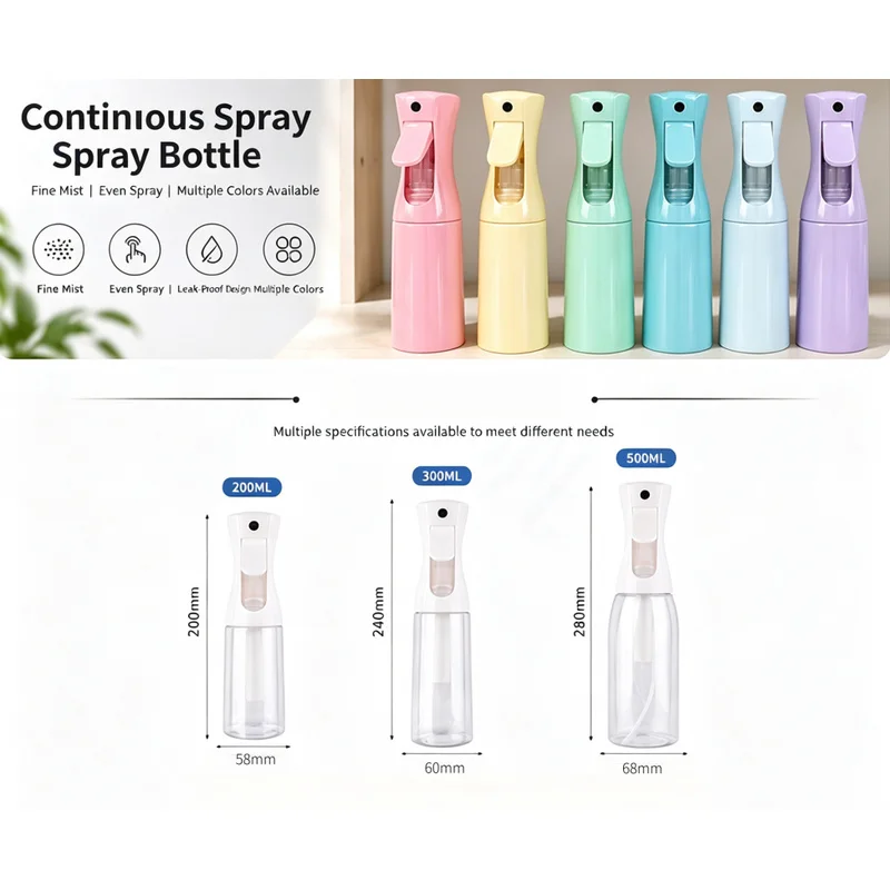 Refillable Continuous Fine Mist Spray Bottle 200/300/500Ml, Reusable Sprayer For Hair Styling, Home Hydration And Gardening