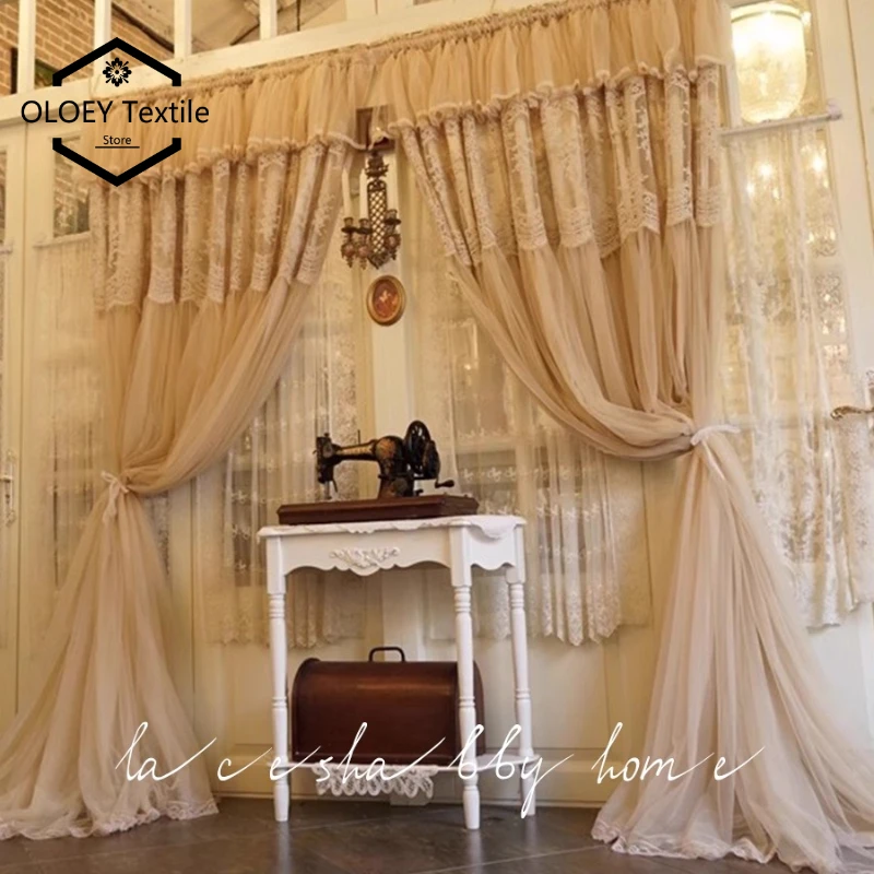 Luxury European Beige Lace Embroidered Pleated Blackout Curtains for Living Room Bedroom French Style Integrated Valance Drapes