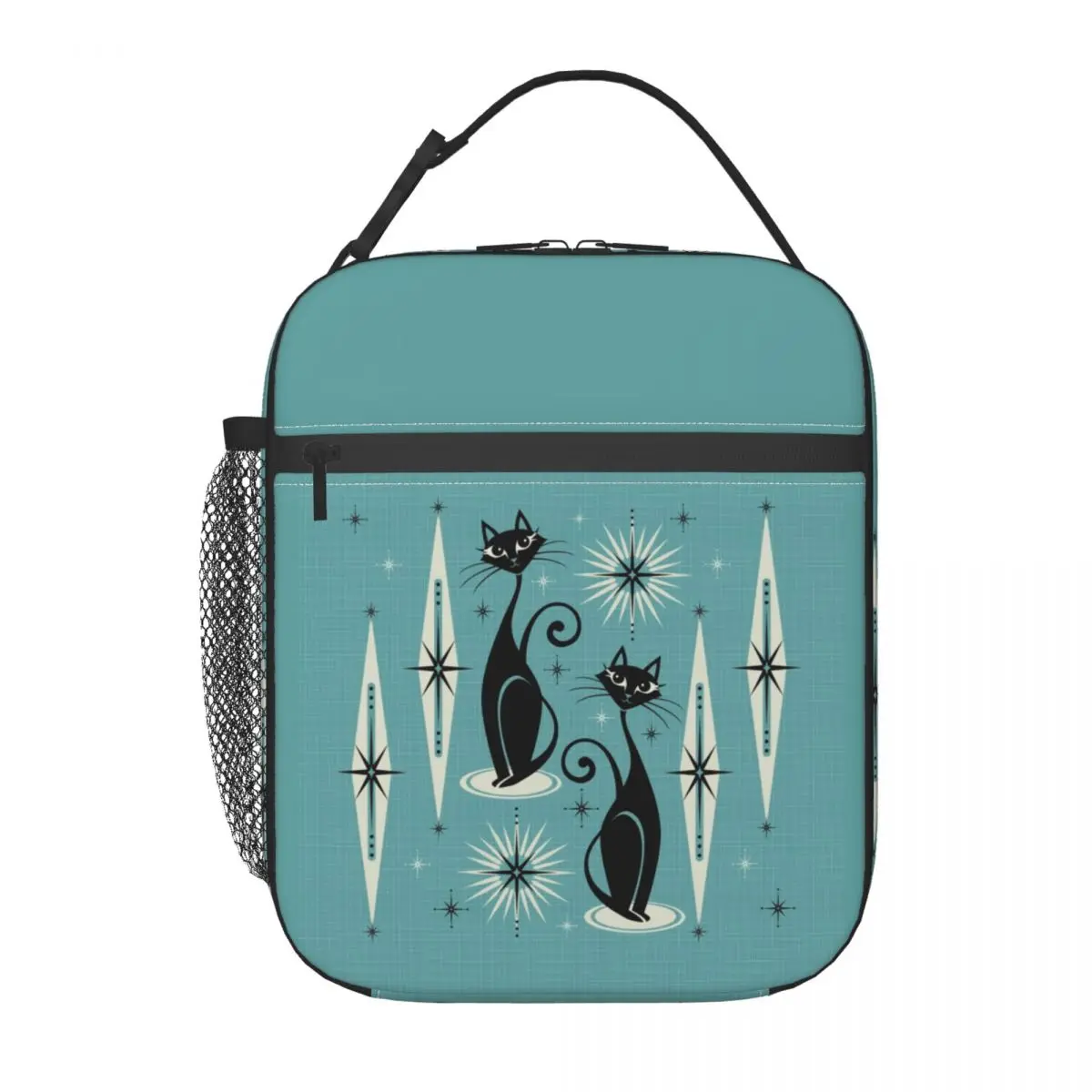 Custom Black Cat Resuable Lunch Boxes  Leakproof Mid Century Kitty Meow On Blue  Scale Thermal Cooler Food Insulated Lunch Bag