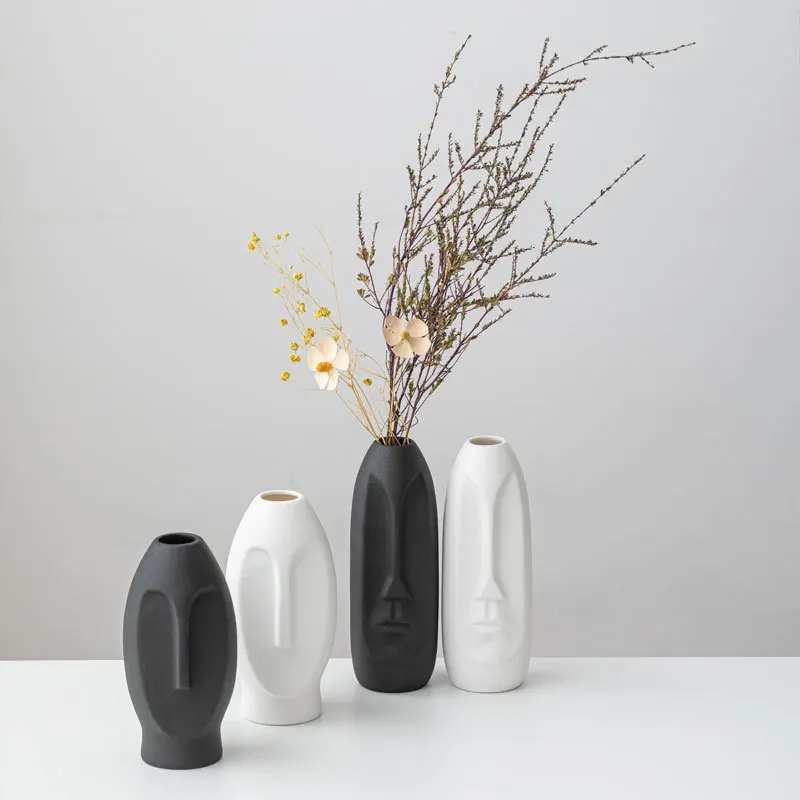 Nordic Simple Style Vase Creative Face Sculpture Ceramic Vase Dry and Wet Container Light Luxury Home Decoration