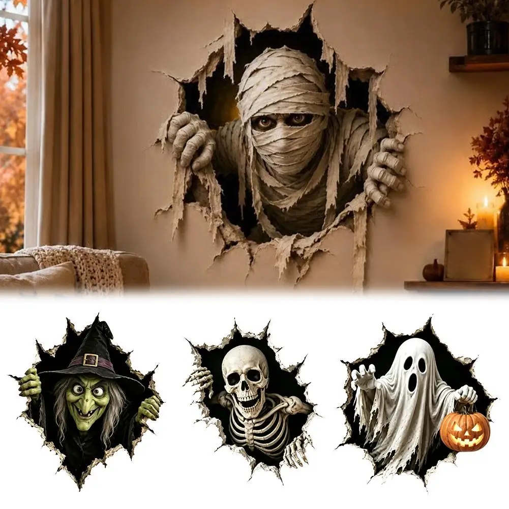 Halloween Break Through Wall Sticker Scary Ghost Skeleton Decal Removable Paper Wall Sticker for Home Party Decoration