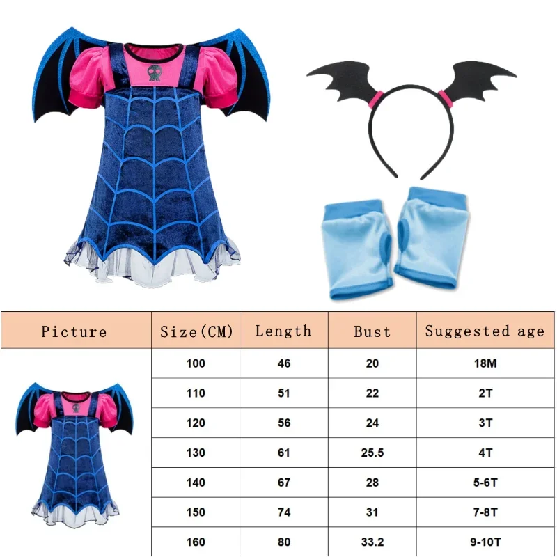 Ensemble jupe courte de vampire bleu de dessin animé pour petite fille, bande de sauna, gants ailés, cosplay d'Halloween, déguis