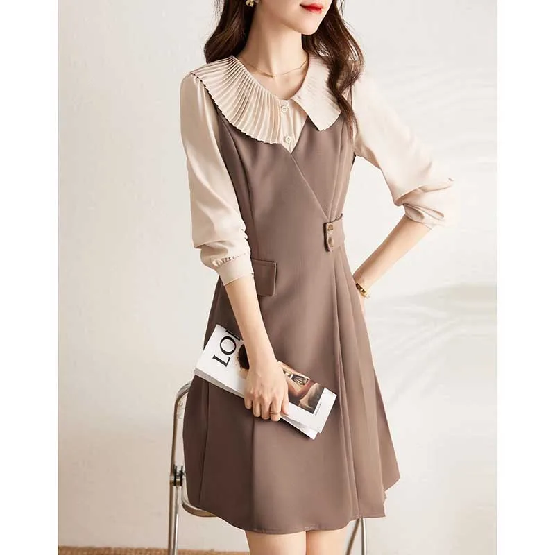 

Elegant Ruffled Neck Spliced Folds Fake Two Pieces Mini Dress Women's Clothing 2024 Spring New Loose Asymmetrical Ladies Dresses