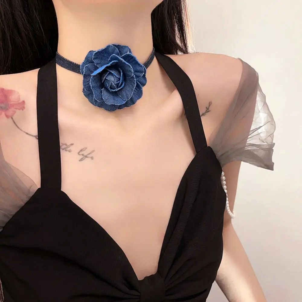 Big Rose Flower Trend Choker Denim Necklace Adjustable Clavicle Chain Y2K Style Collarbone Chain Women Jeans Cloth Necklace