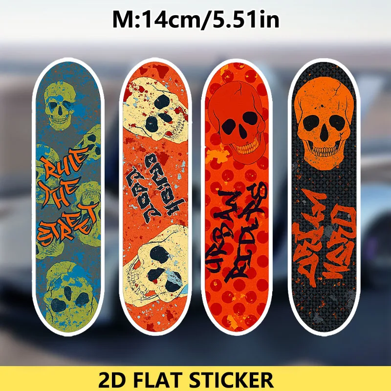 4Pcs/Set Skateboard Shape Skull Stickers 2D Flat Urban Rider Vinyl Decals Waterproof for Car Bike Motorcycle Helmet Decor