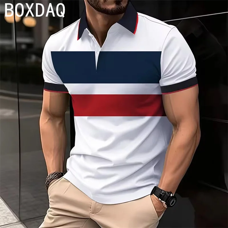 Men's Business Casual Polo Shirt 3D Classic Striped Printed Polo Shirt Summer Short Sleeve Lapel Street Fashion Men's Polo Shirt