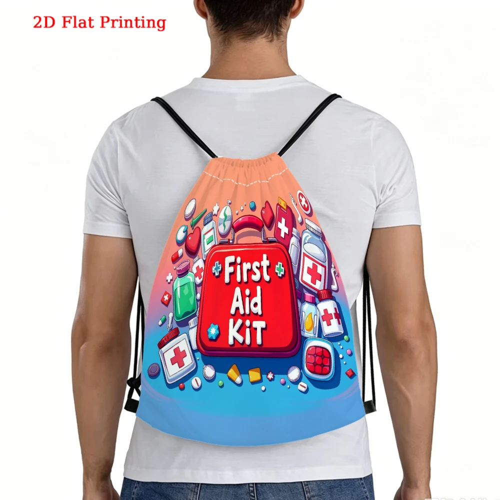 2D Flat Printing, Drawstring Backpack, First Aid Kit Pattern, Fitness Sports Backpack, Outdoor Travel Drawstring Bag
