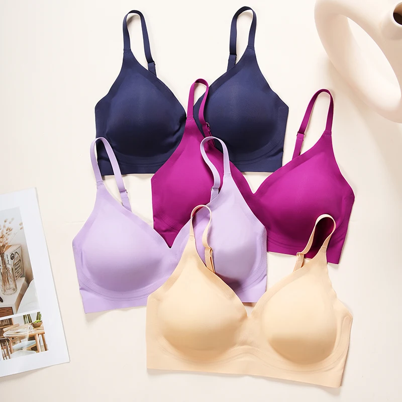 Hot Sale No Wire Smooth One Piece Ice Silk 4 Colors V Neck Brasier Sin Costura Seamless Bra