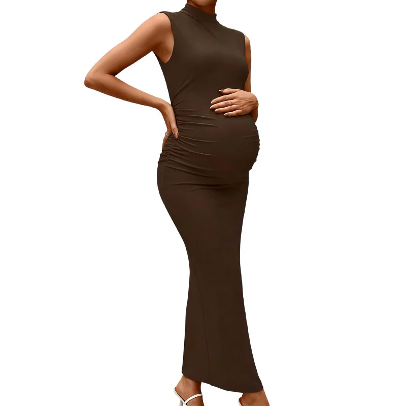 Elegant Pregnant Maternity Dress For Photo Shoot High Neck Solid Body Fitted Elastic Photography Prop Skirt For Women - view 2
