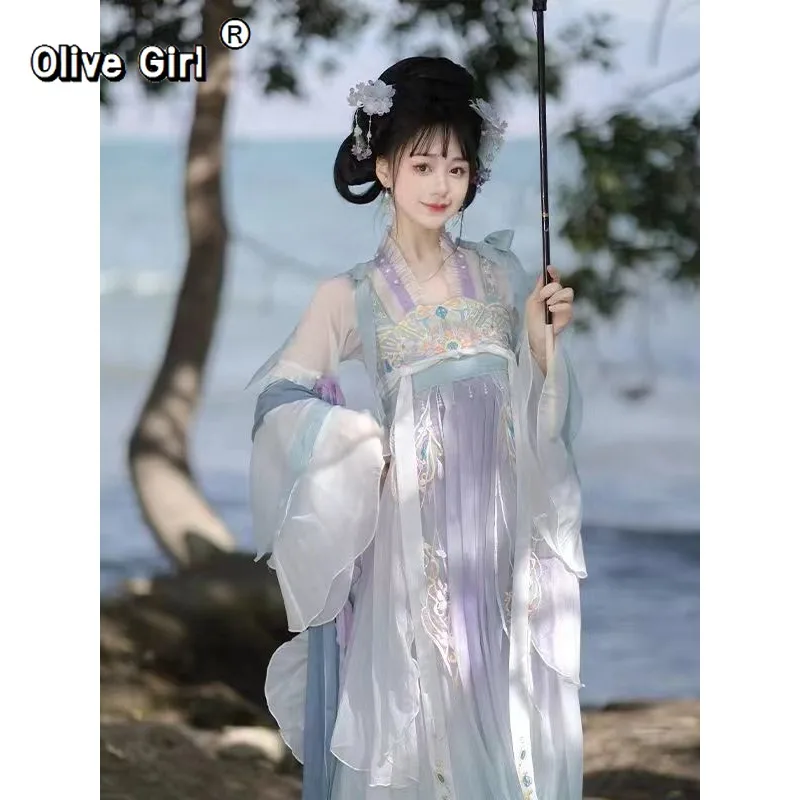 Olivegirl Traditional Chinese Hanfu Dress with Mandarin Collar Embroidery Tang Style Casual Cosplay Spring and Summer