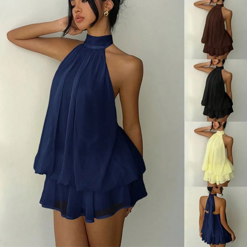 

2026Women's Summer New Fashion Solid Color Slim Temperament Sexy Hot Girl Backless Halter Neck Waist Dress Short Skirt for Women