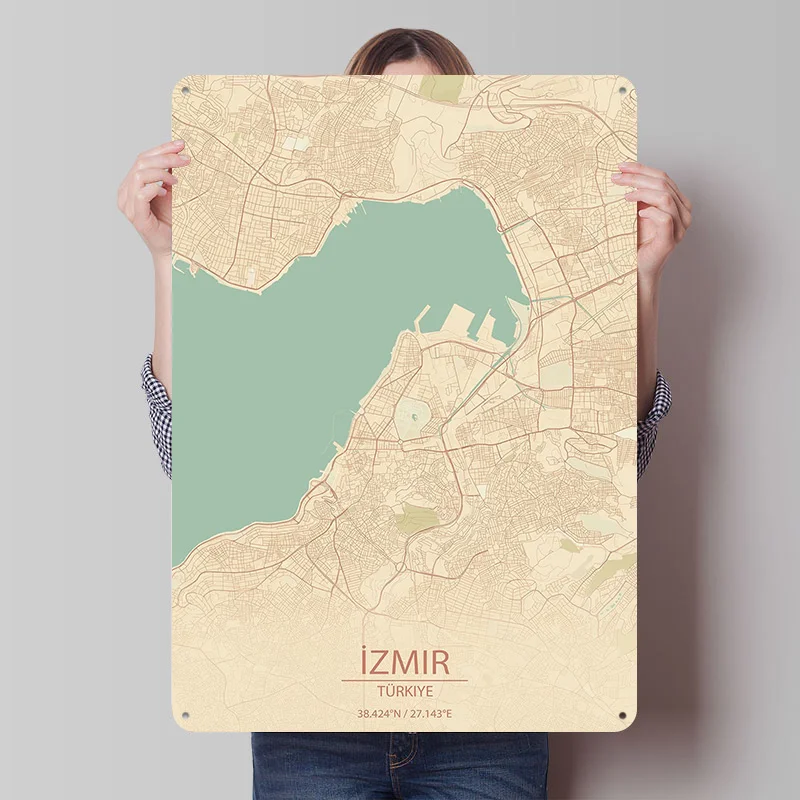 إزمير Türkiye خمر نمط خريطة المدينة مطبوعة ملصق تخصيص جدار الفن ريترو خمر معدن القصدير علامات للمنزل غرفة مكتب ديكور #1