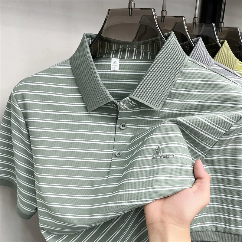 High end brand striped short sleeve polo shirt men's new fashion letter embossed luxury breathable summer casual golf T-shirt