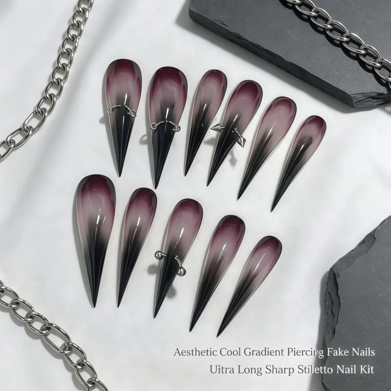2026New 10PCS Luxurious smoky eye shadow, black gradient pointed false nails, detachable silver metal nail caps accessory