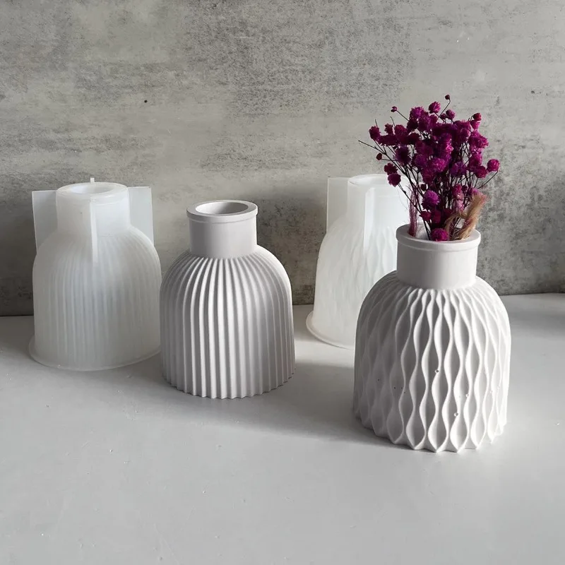 DIY Concrete Vase Silicone Mold Simple Stripe Hydroponic Vase European Craft Making Plaster Epoxy Resin Flowerpot Mold Home Deco