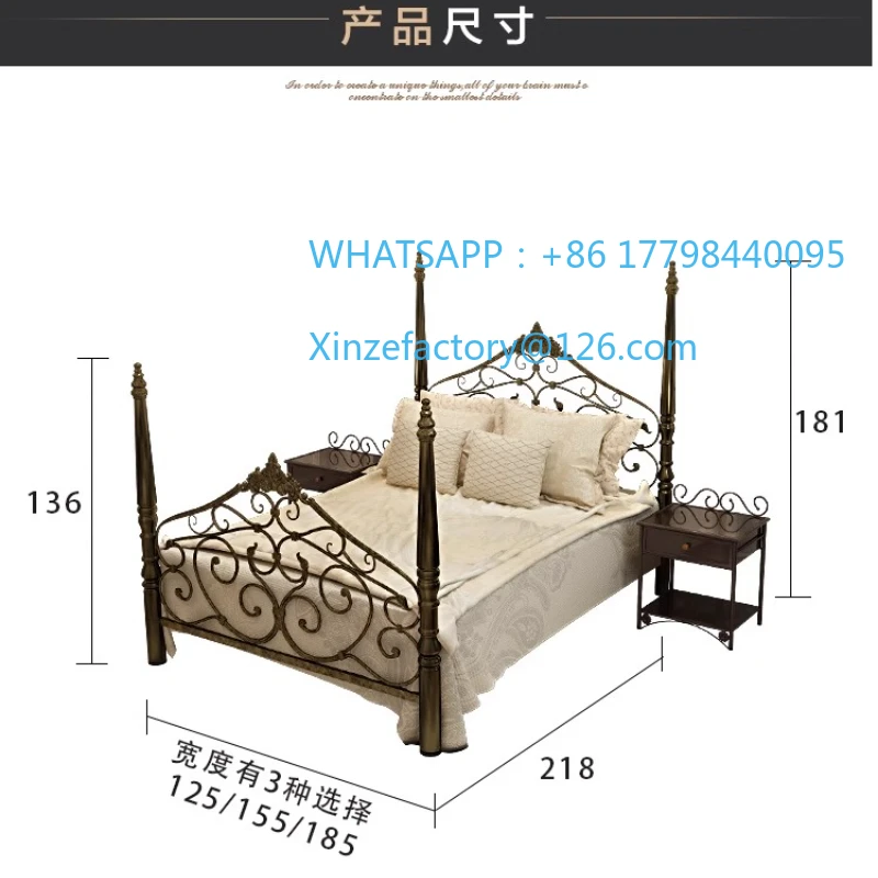 Cama doble de hierro forjado retro europea personalizable, cama de princesa, moderno, sencillo, pequeño apartamento, habitación de alquiler, cama con marco de hierro Apartm