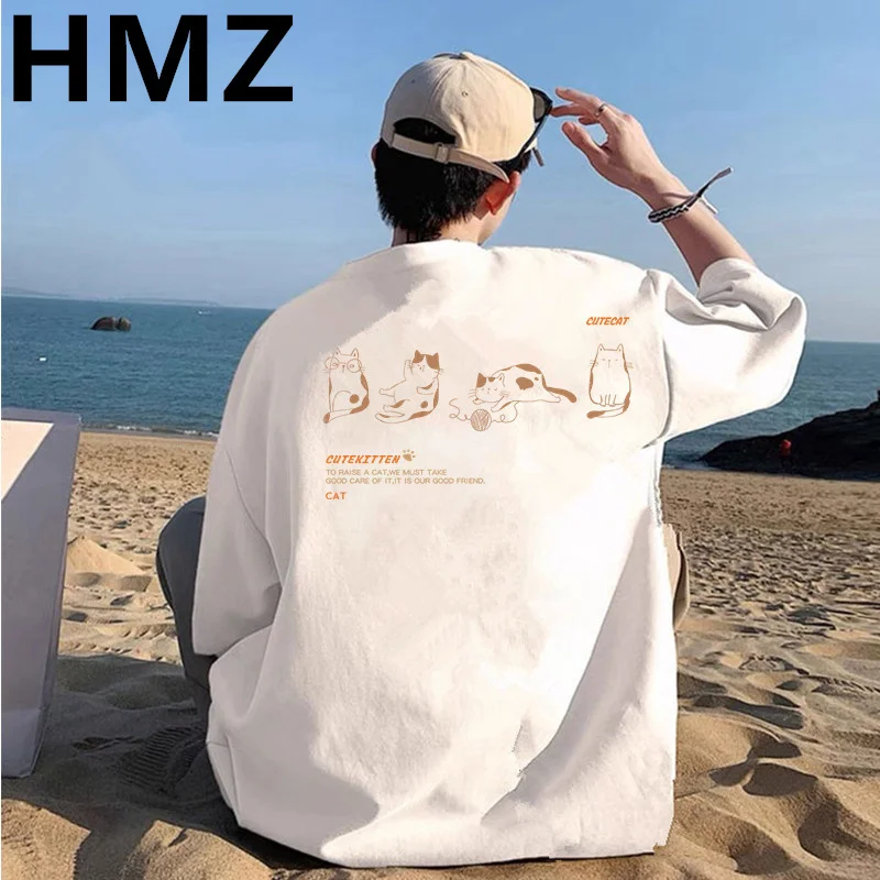 HMZ Cotton Tees Summer New Cartoon Print T Shirts Japanese Retro Cat Tshirt Loose Men Student Tops Oversized High Street T Shirt