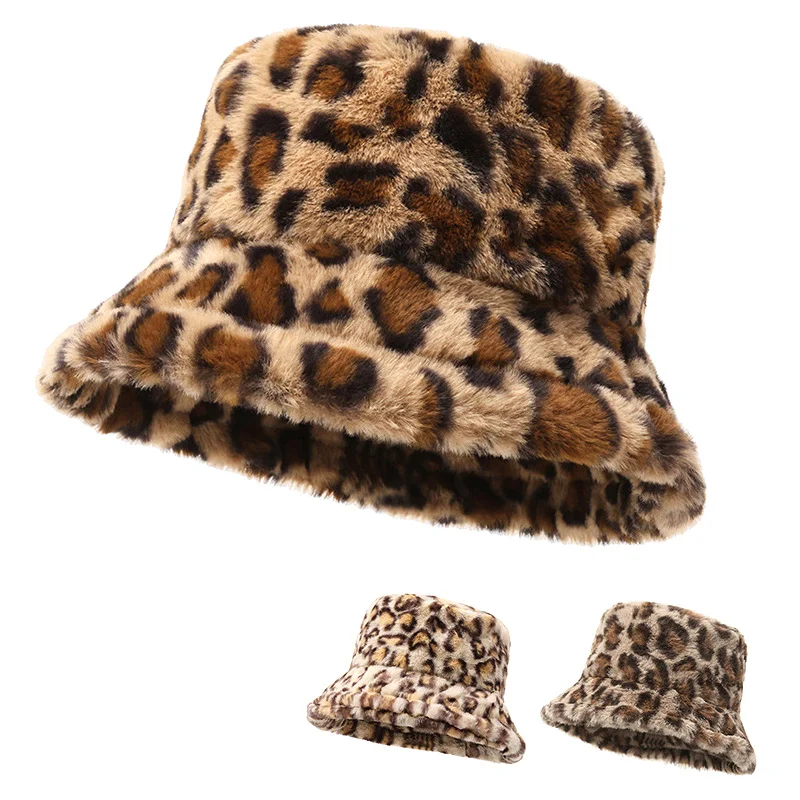 Hats, Women's Winter Faces, Small Leopard Print, Fisherman's Hats, Women's Versatile Thermal Tub Hats, Plush Bucket Hats