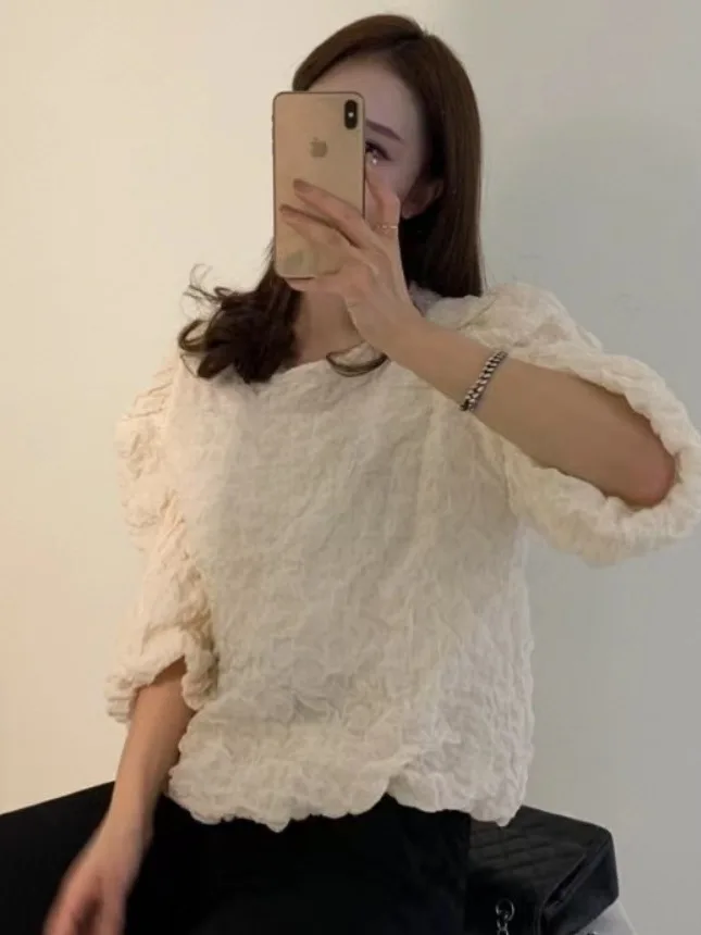 

Chic Early Spring Long Sve Pleated Bubble Pattern Doll irt Women's Anti-Aging Sweet Sle Simple Ele Versatile Blouse