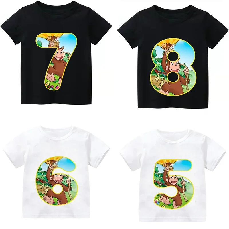 Birthday Number Kids T-shirt Curious George Cute Monkey Print Cartoon Tshirt 1-9 Years Boys Clothes Baby Girls T-shirts Tops