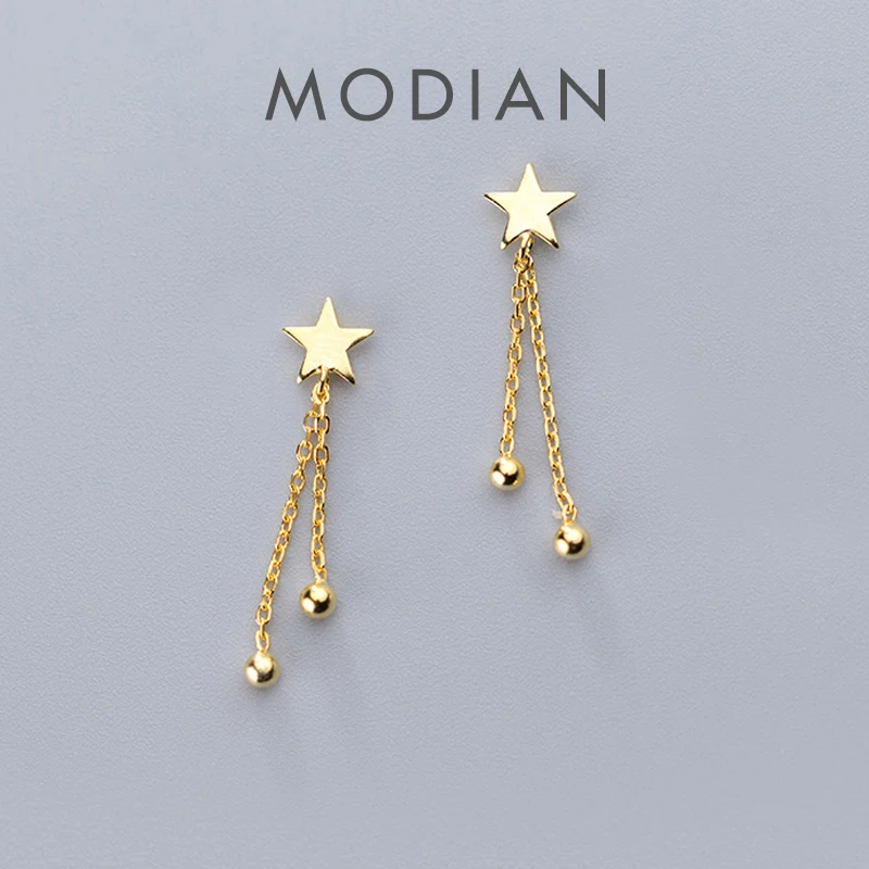 Modian Swing Stars Charm spadek kolczyki 100% prawdziwe 925 srebro złoty kolor słodki dynda kolczyk dla kobiet dziewczyna biżuteria