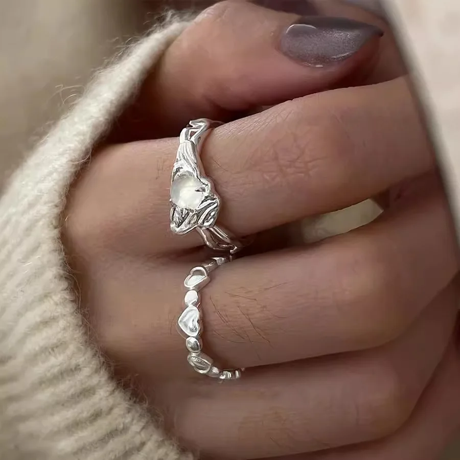 

VENTFILLE 925 Sterling Silver Love Heart Moonstone Ring For Women Girl Gift Sweet Cute Romantic Irregular Jewelry Dropshipping