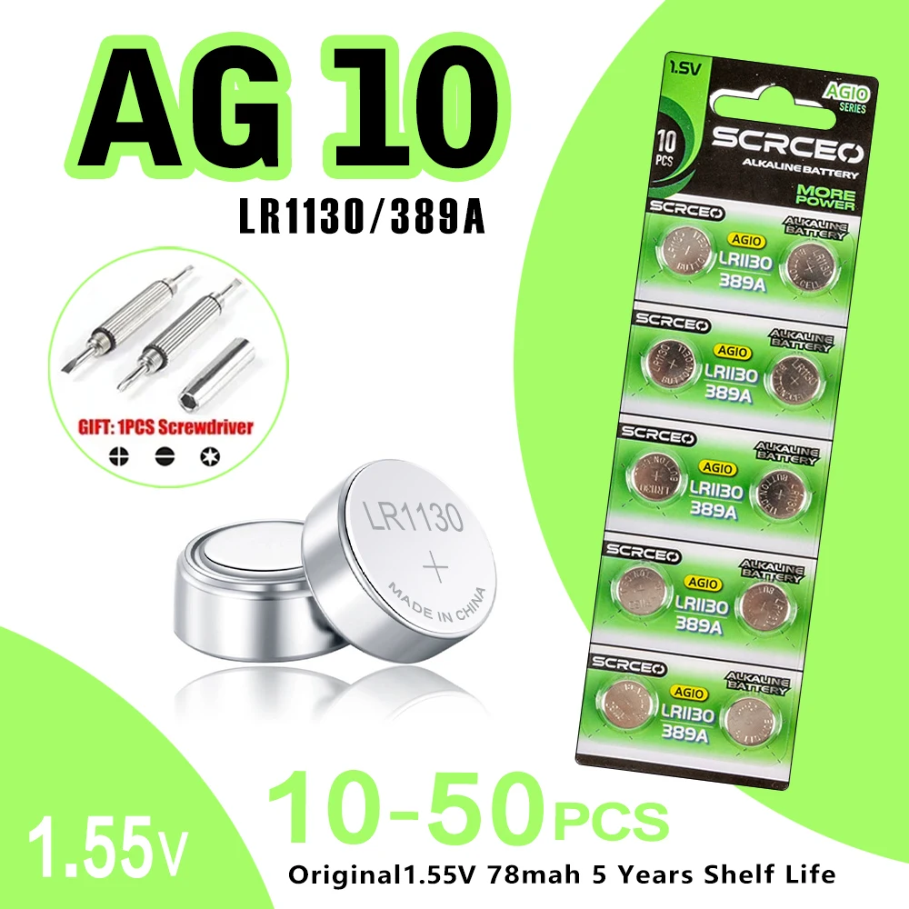 10-50PCS LR1130 AG10 LR54 389 189 1.5V Lithium Manganese Dioxide Button Battery, Suitable for Calculators, Watches